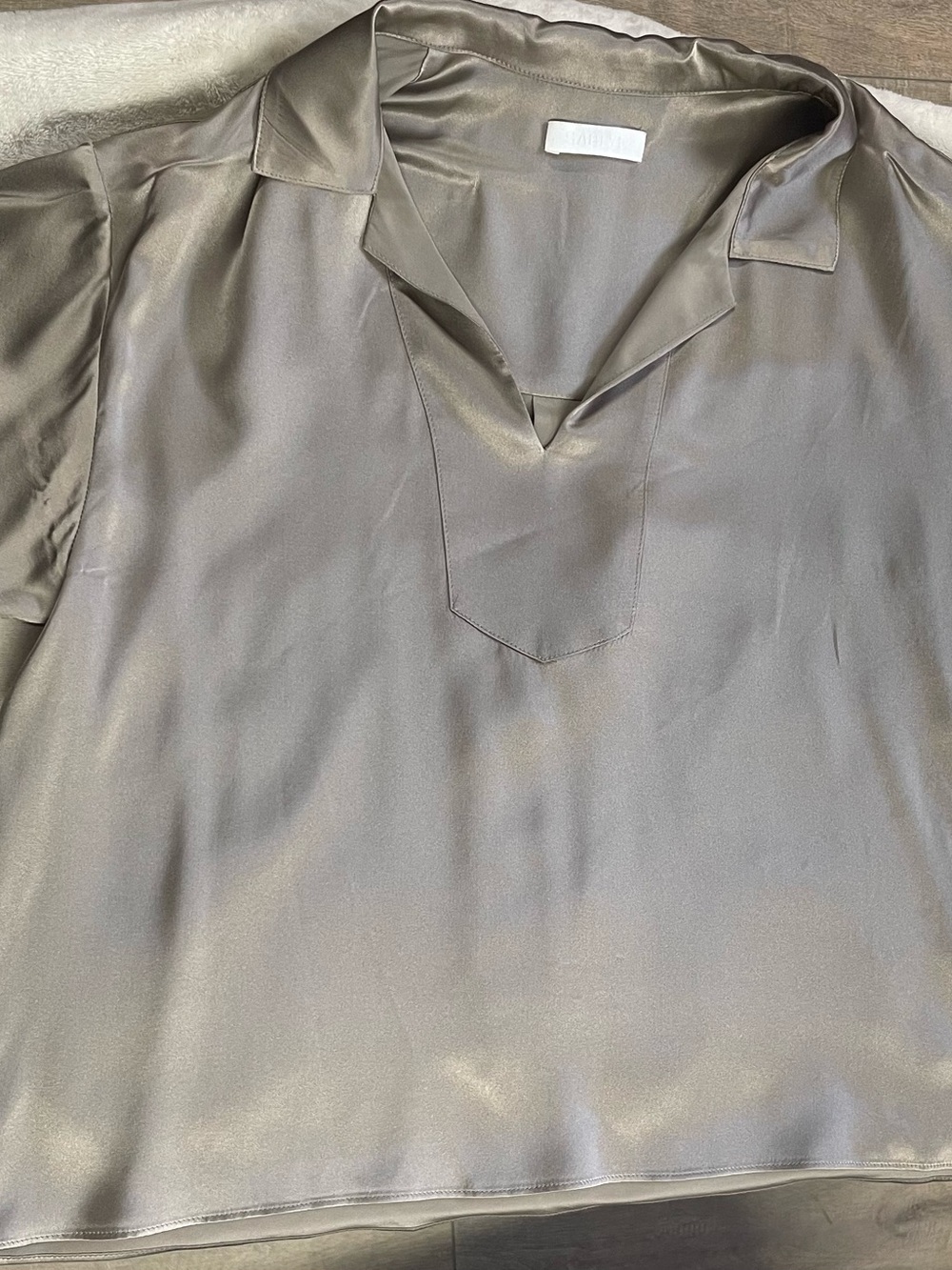 Sablyn V-Neck Metallic Silver Short Sleeve Silk-feel Top